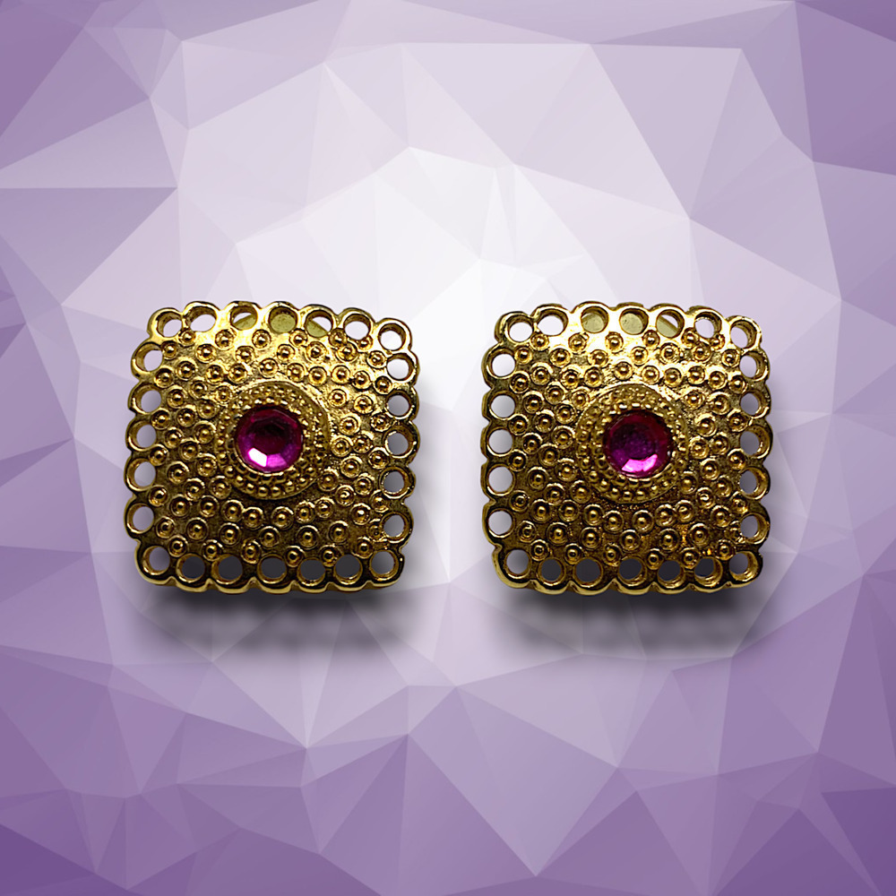 Vintage 1980s Square Purple Crystal Gold Tone Earrings Couture Pierced Carded